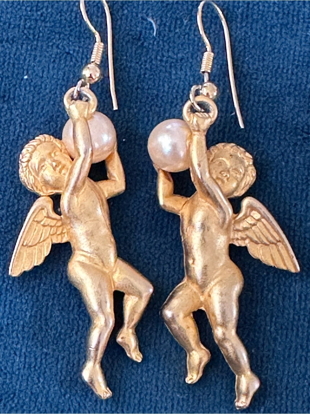 Vintage JJ (c) 1988 Gold-tone Cherub Angel Drop Earrings with Faux Pearl Accent